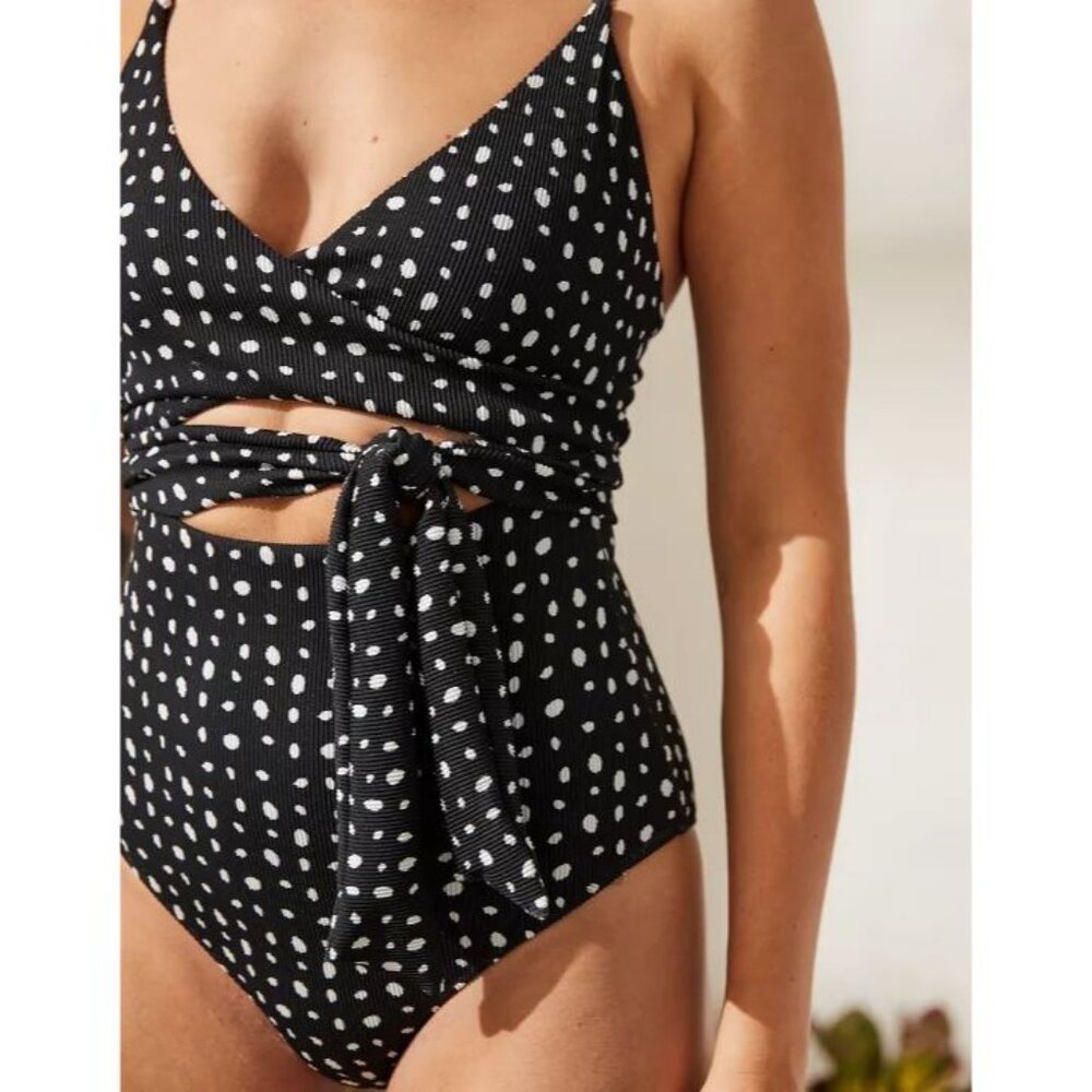 Aerie NWT Ribbed Wrap One Piece Swimsuit in True Black Polka Dot size XS
